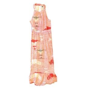 Miami Pink Paisley Halter Maxi Dress High Neck Boho Ruffle Hem Small